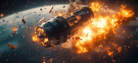 Wall Mural - a catastrophic space battle unfolds above earth, with burning debris and exploding spacecraft fillin