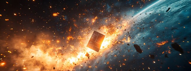 Wall Mural - a catastrophic space battle unfolds above earth, with burning debris and exploding spacecraft fillin