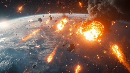 Wall Mural - a catastrophic space battle unfolds above earth, with burning debris and exploding spacecraft fillin