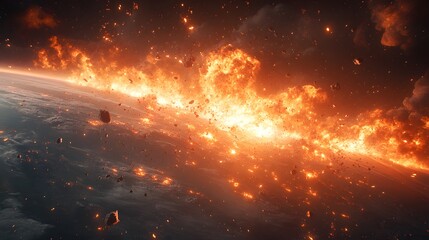Wall Mural - a catastrophic space battle unfolds above earth, with burning debris and exploding spacecraft fillin