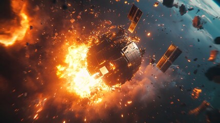 Wall Mural - a catastrophic space battle unfolds above earth, with burning debris and exploding spacecraft fillin