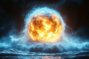 fiery orb, stormy night, vast sea