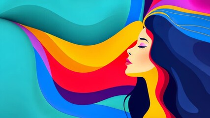Wall Mural - a vibrant, abstract background enhances the womans face in a modern, cartoonstyle illustration with 