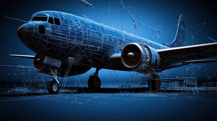 Detailed blueprint of a vintage aircraft against a dark blue background with construction elements