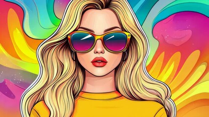 Wall Mural - colorful retro pop art featuring a stylish blonde woman in sunglasses, celebrating bold vibes and ch
