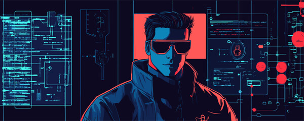 Futuristic cyberspace with techno man and digital screens - vector