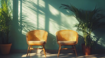 Poster - Charming interior with wooden chairs and indoor plants during daytime, featuring soft sunlight casting shadows on a vibrant blue wall