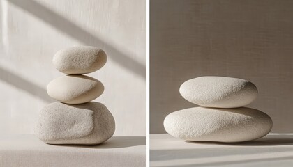 Aufkleber - Three stacked stones resting on a smooth surface in a serene environment exuding tranquility and calmness during daylight