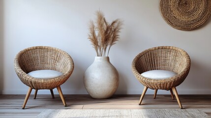 Aufkleber - Stylish interior design featuring natural materials and earthy tones in a cozy living space with textured furniture and decorative plants