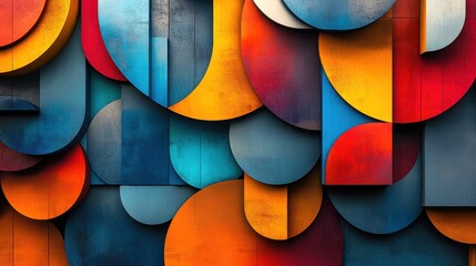 Poster - Vibrant abstract geometric artwork in bold colors displayed on a canvas with circular patterns and shapes creating a dynamic visual experience