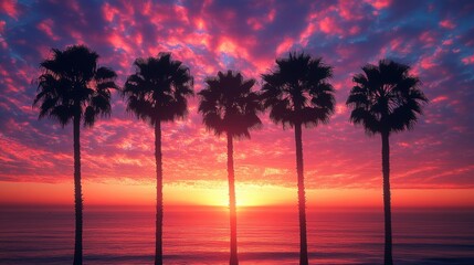Poster - Vibrant sunset over the beach with palm trees silhouetted against a colorful sky in Southern California