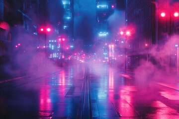 Aufkleber - Vibrant city skyline illuminated by colorful lights and mist during the night in an urban setting