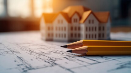 Close-up of architectural blueprints with yellow pencils and a model house in the background
