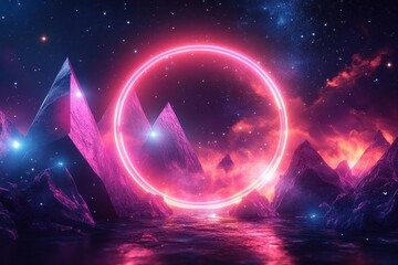 Aufkleber - Vibrant cosmic landscape featuring glowing mountains and a luminous circle over a tranquil water surface at night