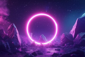 Aufkleber - Vibrant cosmic landscape featuring glowing mountains and a luminous circle over a tranquil water surface at night
