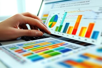 Poster - Data analysis and visualization on a laptop screen displaying colorful graphs and charts in an office environment