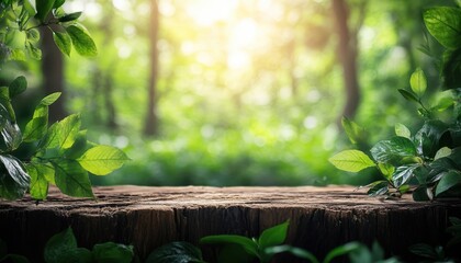 Poster - Sunlight filtering through trees illuminates a rustic wooden table in a tranquil forest setting during early morning hours