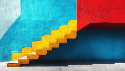 Poster - Vibrant urban stairs with bold colors and geometric patterns in a lively city setting during bright daylight