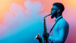 © F-STUDIO - A stylish musician plays the saxophone against a vibrant, colorful background, embodying the essence of jazz and creativity.