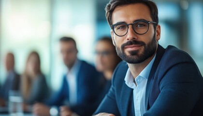 Aufkleber - Professional man in suit engages with colleagues during meeting in modern office environment with natural light in the afternoon