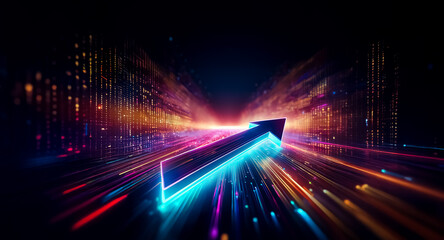 Wall Mural - vibrant abstract image featuring a neon arrow pointing upwards, amidst streaks of light and digital 