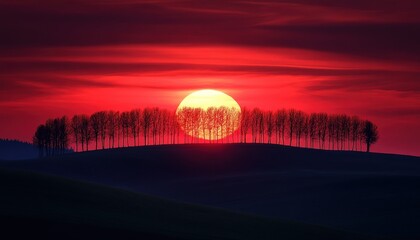 Aufkleber - Vibrant sunset illuminates silhouette of trees on a peaceful hillside in tranquil landscape