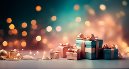 Wall Mural - festive presents in pink and blue hues, adorned with ribbons, sit amidst golden baubles, all bathed 