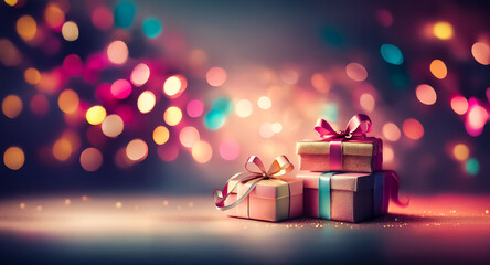 Wall Mural - festive stacked gifts in pink and brown wrappers, adorned with ribbons, sit before a backdrop of blu