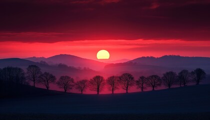 Aufkleber - Vibrant sunset illuminates silhouette of trees on a peaceful hillside in tranquil landscape