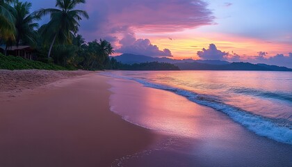 Poster - Tranquil twilight at a serene beach with palm trees and soft waves in the backdrop of a colorful sunset