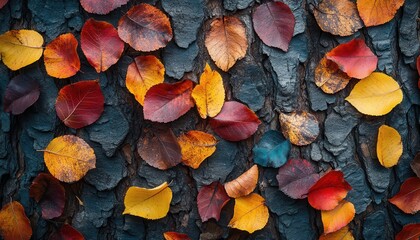 Aufkleber - Colorful autumn leaves blanket a textured tree trunk in a serene outdoor setting during a clear fall day