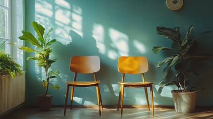 Poster - Charming interior with wooden chairs and indoor plants during daytime, featuring soft sunlight casting shadows on a vibrant blue wall