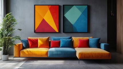 Leinwandbilder - Vibrant living room featuring a colorful mural, modern furniture, and stylish decor in an urban apartment during daylight