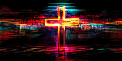 Futuristic  Colorful Neon Digital Cross, ai generated.