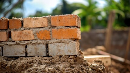 Close-up of freshly laid bricks on a construction site with blurred greenery in the background