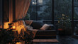 © pim - Cozy living room with sofa by window on a rainy evening.