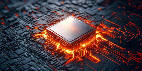 Detailed Photo of a Glowing Orange CPU on Black Circuit Board Technology