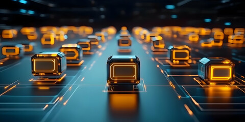 Futuristic Digital Circuit Board with Glowing Cubes in Blue and