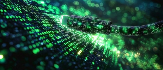 The vibrant green binary code matrix highlights a digital cable.