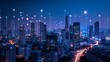 © tammarat - Smart city dot point connect with gradient line, connection technology metaverse concept Bangkok, Thailand night city banner with big data