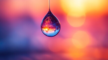 Wall Mural - a single glistening water droplet hangs suspended, reflecting warm sunset hues against a soft gradie