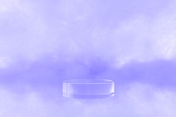 Wall Mural - 3d render platform and purple background, Glass podium on the sky is covered with clouds for product stand display, advertising, cosmetic, mockup or etc
