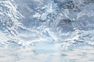 Wall Mural - 3d render winter scene and realistic natural background, ice podium on the frozen lake, backdrop lar
