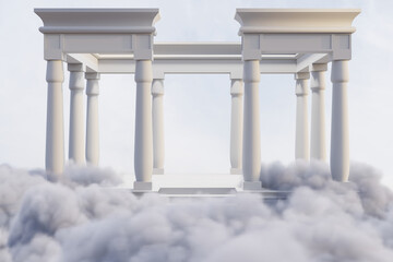 Wall Mural - Abstact 3d render heaven scene background, White pavilion on the cloud for product display, advertising, mockup or etc