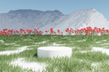 Wall Mural - abstact 3d render winter scene and natural background, snow podium on the grass field and red flower