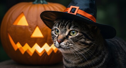  Charming Halloween scene featuring a cat in a witch's hat and pumpkin