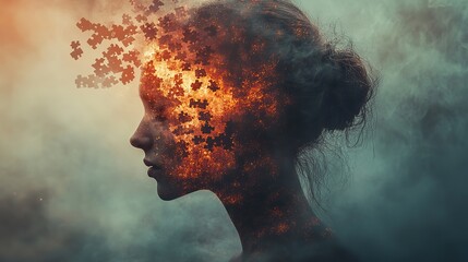 Wall Mural - Head silhouette dissolves into puzzle pieces, symbolizing stress and burnout.