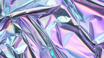Poster - Holographic silver foil crumpled paper background with iridescent hologram effect, bright pastel colors, metallic texture, and dynamic light refraction reflections. Flat lay style composition with amp