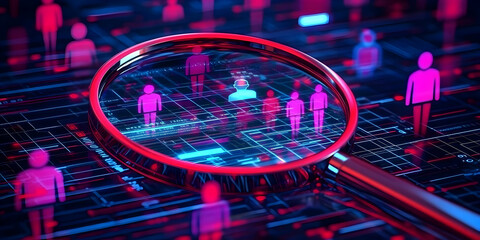 Digital Magnifying Glass Zooming on People in a Tech Network Illustration
