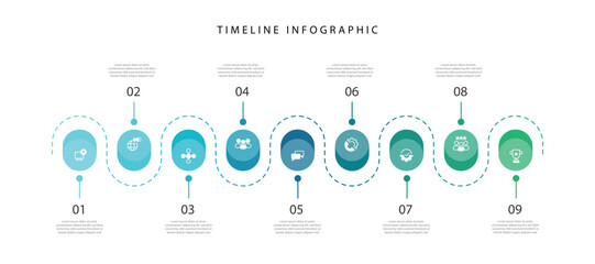 Wall Mural - 9 step timeline infographic. template information with icons on circles and lines connected suitable